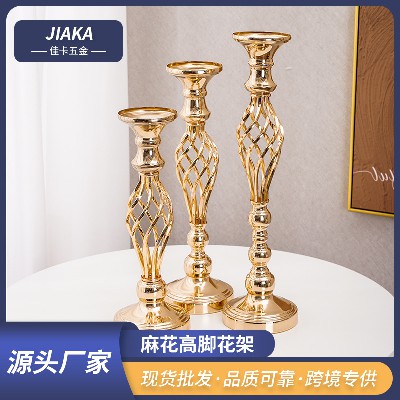 麻花高脚花架婚庆摆件花器酒店装饰插花摆件铁艺电镀仿真花花器