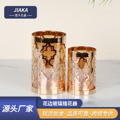 家居插花瓶客厅装饰花瓶轻奢玻璃花器干花工艺品摆件北欧金属花瓶