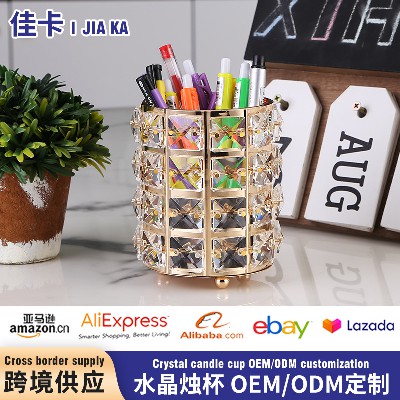 跨境圆形方珠烛杯铁艺烛杯摆件水晶蜡烛杯子水晶笔筒欧式金色烛杯