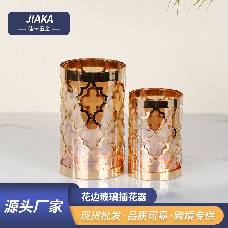 家居插花瓶客厅装饰花瓶轻奢玻璃花器干花工艺品摆件北欧金属花瓶